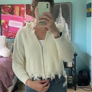 Distressed zip up  cropped hooded cardigan